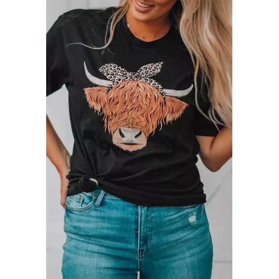 Black Cute Cattle Leopard O-Neck T-Shirt Black Cute Cattle Leopard O-Neck T-Shirt