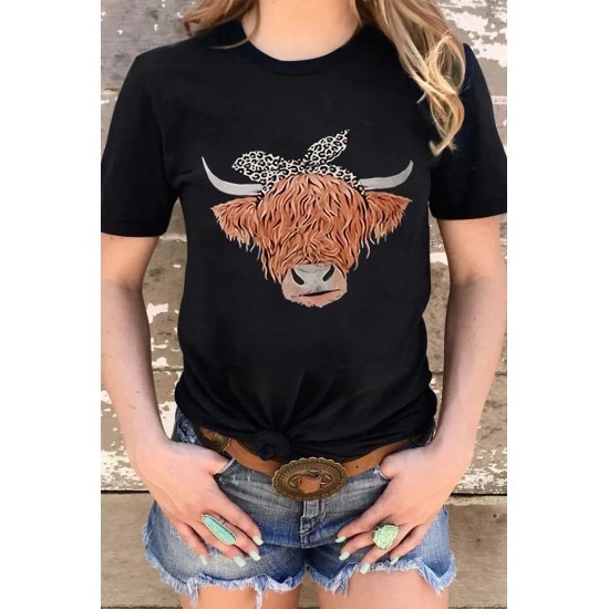 Black Cute Cattle Leopard O-Neck T-Shirt Black Cute Cattle Leopard O-Neck T-Shirt