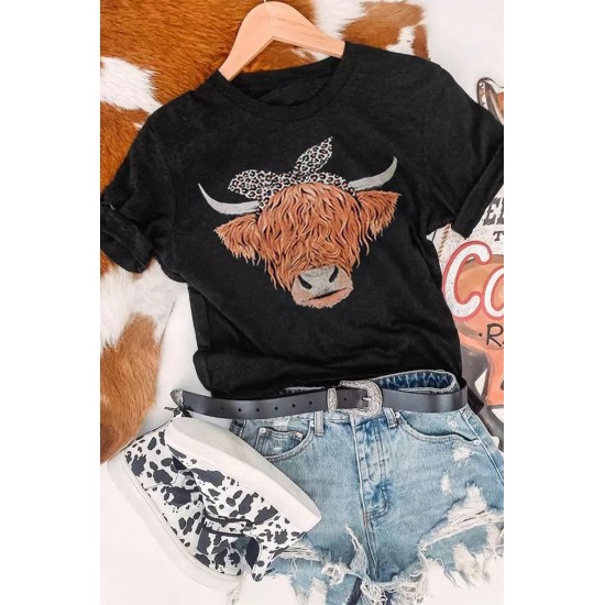Black Cute Cattle Leopard O-Neck T-Shirt Black Cute Cattle Leopard O-Neck T-Shirt
