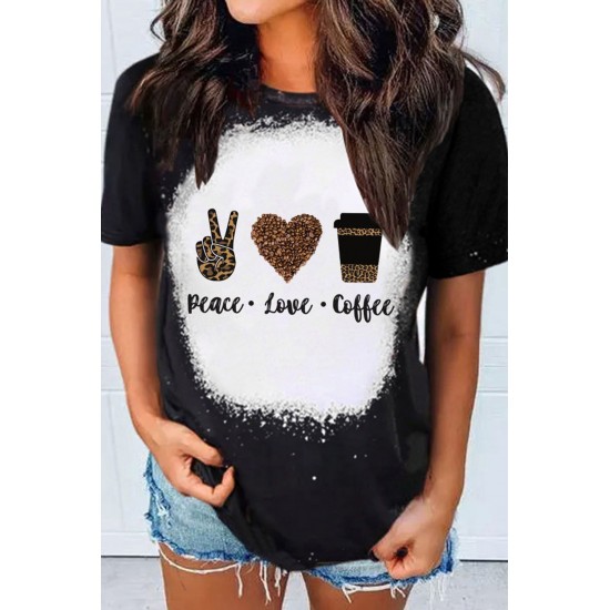 Black Peace Love Coffee Leopard Graphic Print Short Sleeve Tee Black Peace Love Coffee Leopard Graphic Print Short Sleeve Tee