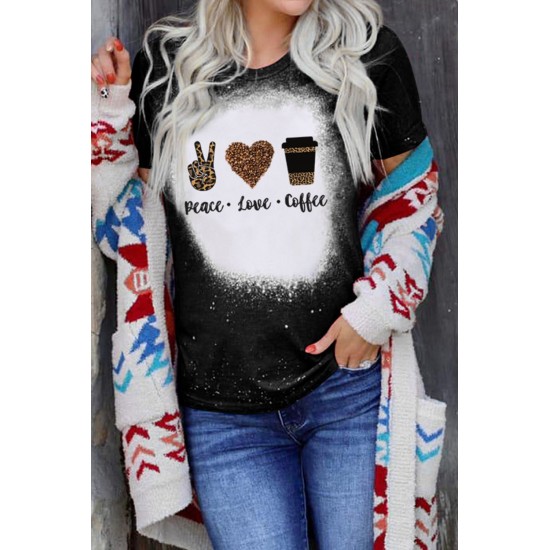 Black Peace Love Coffee Leopard Graphic Print Short Sleeve Tee Black Peace Love Coffee Leopard Graphic Print Short Sleeve Tee