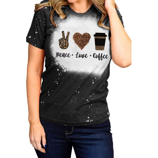 Black Peace Love Coffee Leopard Graphic Print Short Sleeve Tee Black Peace Love Coffee Leopard Graphic Print Short Sleeve Tee