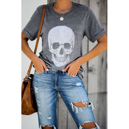 Gray Casual Skull Print Rolled Sleeve Graphic T-Shirt Gray Casual Skull Print Rolled Sleeve Graphic T-Shirt