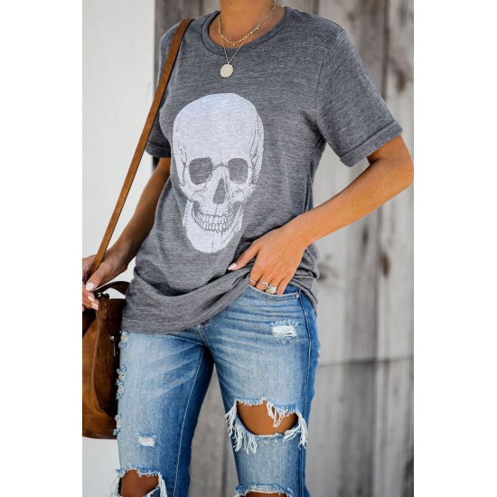 Gray Casual Skull Print Rolled Sleeve Graphic T-Shirt Gray Casual Skull Print Rolled Sleeve Graphic T-Shirt
