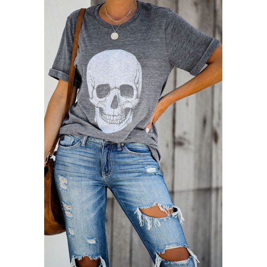 Gray Casual Skull Print Rolled Sleeve Graphic T-Shirt Gray Casual Skull Print Rolled Sleeve Graphic T-Shirt