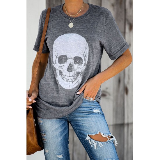 Gray Casual Skull Print Rolled Sleeve Graphic T-Shirt Gray Casual Skull Print Rolled Sleeve Graphic T-Shirt