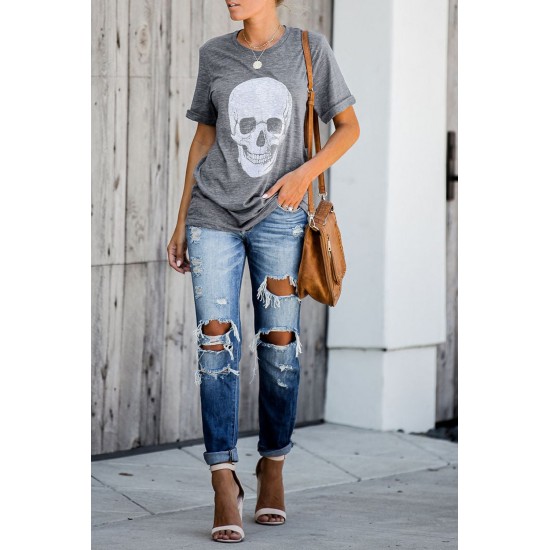 Gray Casual Skull Print Rolled Sleeve Graphic T-Shirt Gray Casual Skull Print Rolled Sleeve Graphic T-Shirt
