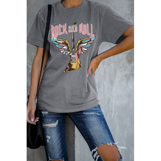 Gray ROCK AND ROLL Guitar Print Short Sleeve Graphic Tee Gray ROCK AND ROLL Guitar Print Short Sleeve Graphic Tee