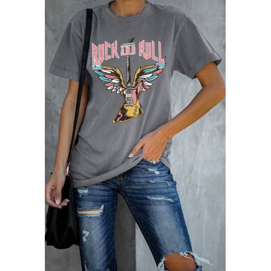 Gray ROCK AND ROLL Guitar Print Short Sleeve Graphic Tee Gray ROCK AND ROLL Guitar Print Short Sleeve Graphic Tee