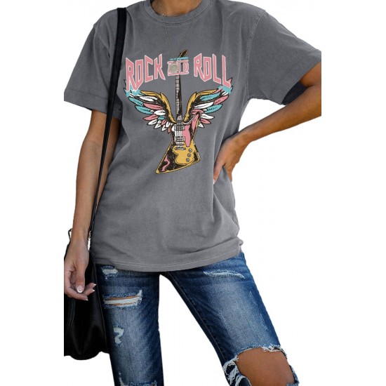 Gray ROCK AND ROLL Guitar Print Short Sleeve Graphic Tee Gray ROCK AND ROLL Guitar Print Short Sleeve Graphic Tee
