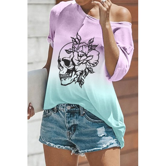 Purple Skull & Floral Print Ombre T Shirt Purple Skull & Floral Print Ombre T Shirt
