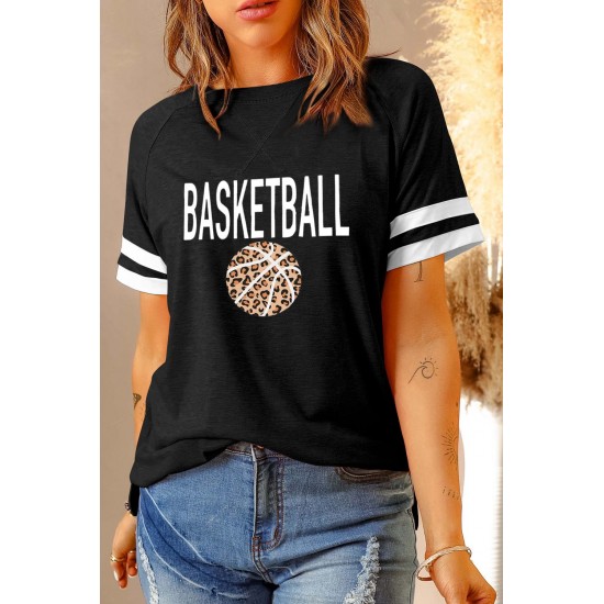 Black BASKETBALL Leopard Graphic Print Striped Short Sleeve T Shirt Black BASKETBALL Leopard Graphic Print Striped Short Sleeve T Shirt