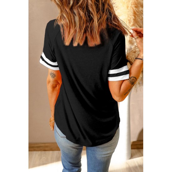 Black BASKETBALL Leopard Graphic Print Striped Short Sleeve T Shirt Black BASKETBALL Leopard Graphic Print Striped Short Sleeve T Shirt
