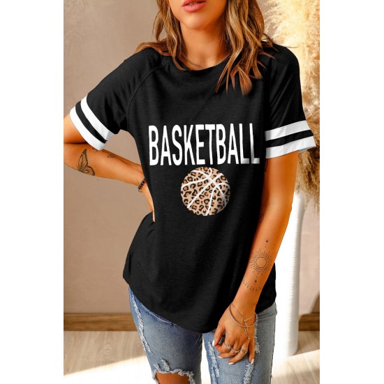 Black BASKETBALL Leopard Graphic Print Striped Short Sleeve T Shirt Black BASKETBALL Leopard Graphic Print Striped Short Sleeve T Shirt