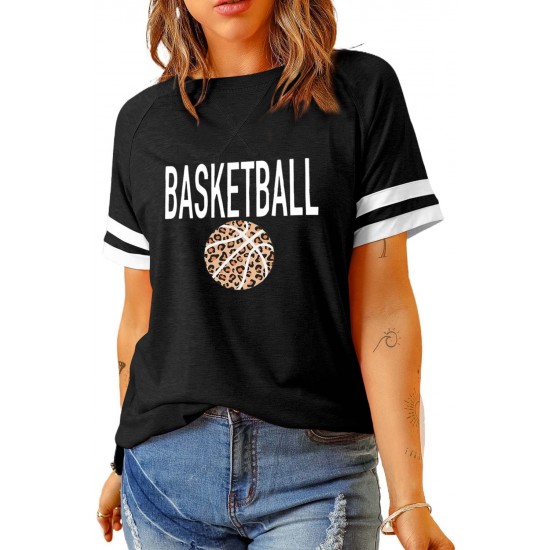 Black BASKETBALL Leopard Graphic Print Striped Short Sleeve T Shirt Black BASKETBALL Leopard Graphic Print Striped Short Sleeve T Shirt