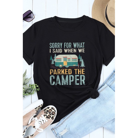 Black CAMPER Letter Car Graphic Print Short Sleeve Tee Black CAMPER Letter Car Graphic Print Short Sleeve Tee