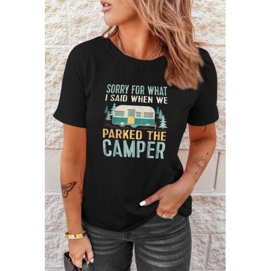 Black CAMPER Letter Car Graphic Print Short Sleeve Tee Black CAMPER Letter Car Graphic Print Short Sleeve Tee