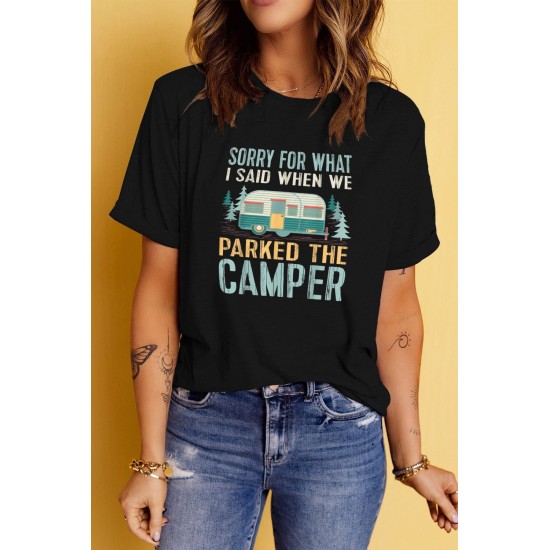 Black CAMPER Letter Car Graphic Print Short Sleeve Tee Black CAMPER Letter Car Graphic Print Short Sleeve Tee