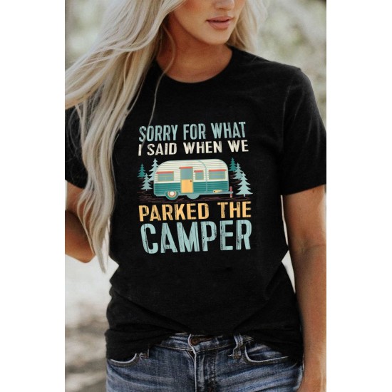 Black CAMPER Letter Car Graphic Print Short Sleeve Tee Black CAMPER Letter Car Graphic Print Short Sleeve Tee