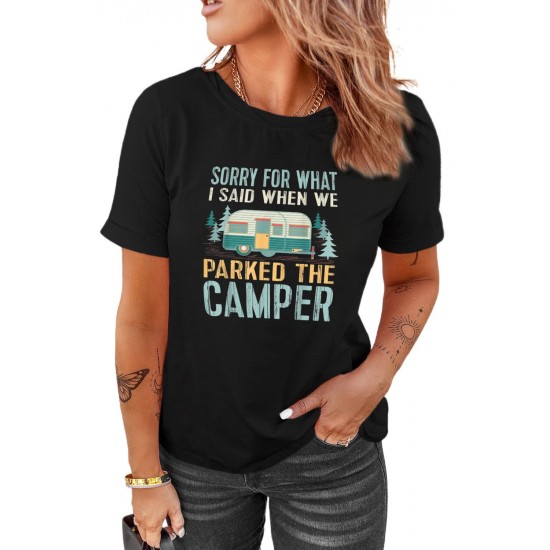 Black CAMPER Letter Car Graphic Print Short Sleeve Tee Black CAMPER Letter Car Graphic Print Short Sleeve Tee