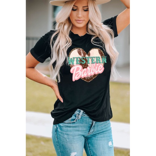 Black WESTERN Barbie Heart Shape Print Short Sleeve T Shirt Black WESTERN Barbie Heart Shape Print Short Sleeve T Shirt