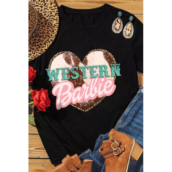 Black WESTERN Barbie Heart Shape Print Short Sleeve T Shirt Black WESTERN Barbie Heart Shape Print Short Sleeve T Shirt