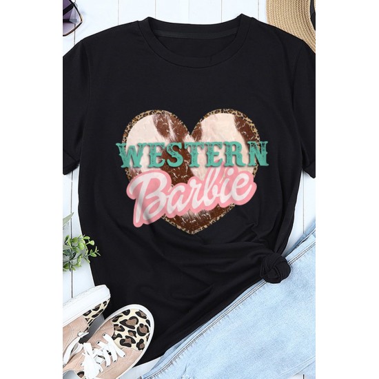 Black WESTERN Barbie Heart Shape Print Short Sleeve T Shirt Black WESTERN Barbie Heart Shape Print Short Sleeve T Shirt