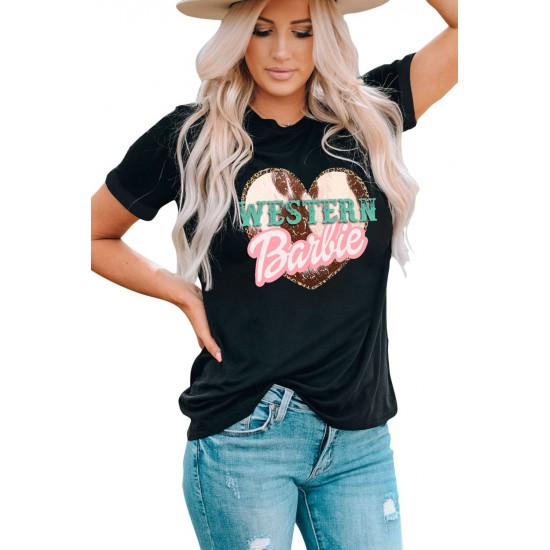 Black WESTERN Barbie Heart Shape Print Short Sleeve T Shirt Black WESTERN Barbie Heart Shape Print Short Sleeve T Shirt