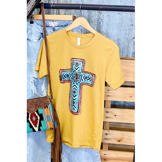 Yellow Western Cross Graphic Print Short Sleeve T Shirt Yellow Western Cross Graphic Print Short Sleeve T Shirt