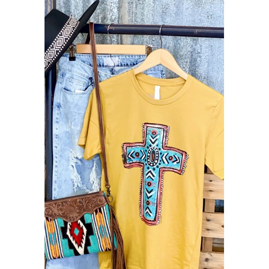 Yellow Western Cross Graphic Print Short Sleeve T Shirt Yellow Western Cross Graphic Print Short Sleeve T Shirt