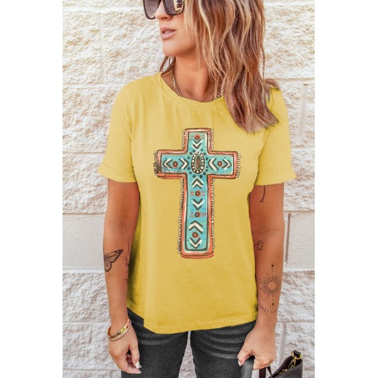 Yellow Western Cross Graphic Print Short Sleeve T Shirt Yellow Western Cross Graphic Print Short Sleeve T Shirt