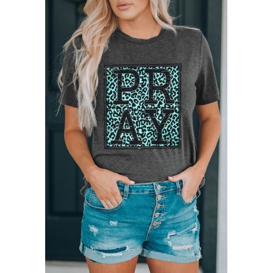 Gray PRAY Leopard Print Round Neck Short Sleeve T Shirt Gray PRAY Leopard Print Round Neck Short Sleeve T Shirt