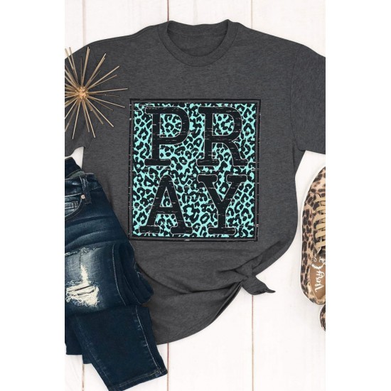 Gray PRAY Leopard Print Round Neck Short Sleeve T Shirt Gray PRAY Leopard Print Round Neck Short Sleeve T Shirt