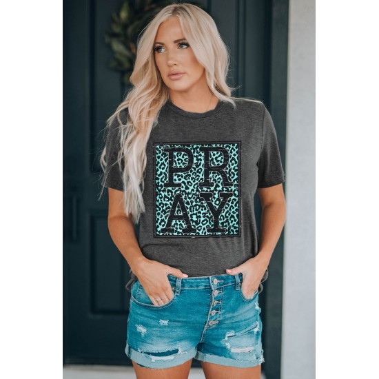 Gray PRAY Leopard Print Round Neck Short Sleeve T Shirt Gray PRAY Leopard Print Round Neck Short Sleeve T Shirt