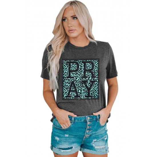 Gray PRAY Leopard Print Round Neck Short Sleeve T Shirt Gray PRAY Leopard Print Round Neck Short Sleeve T Shirt