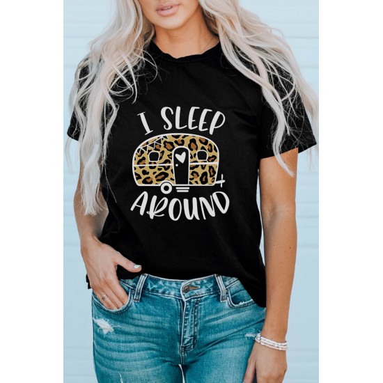 Black I Sleep Around Leopard Car Printed Graphic T Shirt Black I Sleep Around Leopard Car Printed Graphic T Shirt
