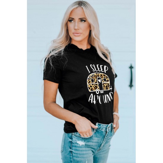 Black I Sleep Around Leopard Car Printed Graphic T Shirt Black I Sleep Around Leopard Car Printed Graphic T Shirt