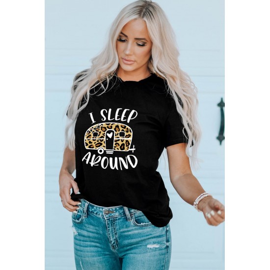 Black I Sleep Around Leopard Car Printed Graphic T Shirt Black I Sleep Around Leopard Car Printed Graphic T Shirt