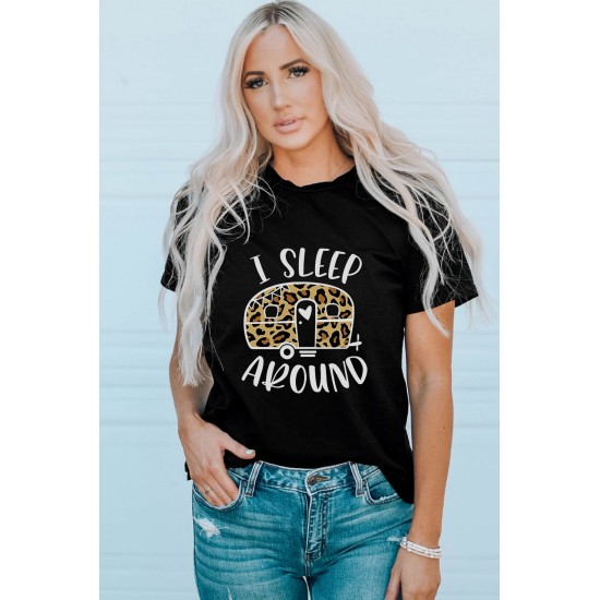 Black I Sleep Around Leopard Car Printed Graphic T Shirt Black I Sleep Around Leopard Car Printed Graphic T Shirt