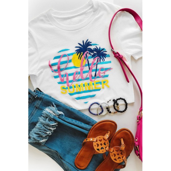 White Hello Summer Plant Heart Shape Print Short Sleeve T Shirt White Hello Summer Plant Heart Shape Print Short Sleeve T Shirt