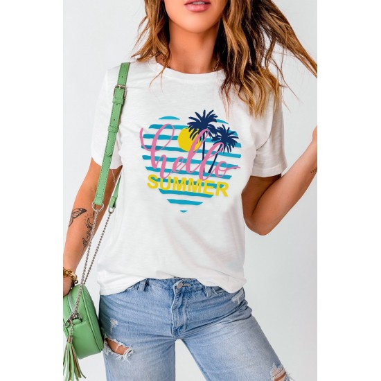 White Hello Summer Plant Heart Shape Print Short Sleeve T Shirt White Hello Summer Plant Heart Shape Print Short Sleeve T Shirt