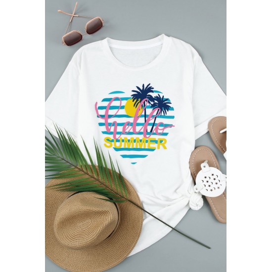 White Hello Summer Plant Heart Shape Print Short Sleeve T Shirt White Hello Summer Plant Heart Shape Print Short Sleeve T Shirt