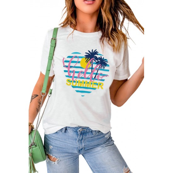 White Hello Summer Plant Heart Shape Print Short Sleeve T Shirt White Hello Summer Plant Heart Shape Print Short Sleeve T Shirt
