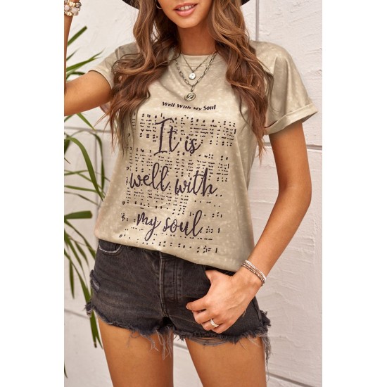 Khaki Letter Print Folded Sleeve T-shirt Khaki Letter Print Folded Sleeve T-shirt