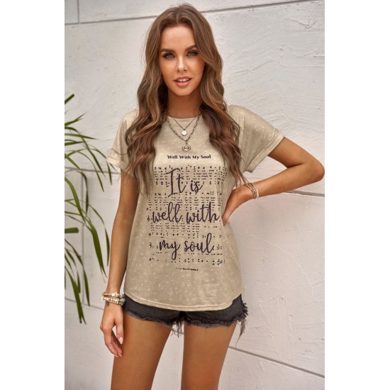 Khaki Letter Print Folded Sleeve T-shirt Khaki Letter Print Folded Sleeve T-shirt