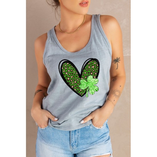 Gray Leopard Clover Heart Print Sleeveless Top Gray Leopard Clover Heart Print Sleeveless Top
