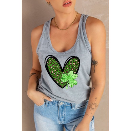 Gray Leopard Clover Heart Print Sleeveless Top Gray Leopard Clover Heart Print Sleeveless Top