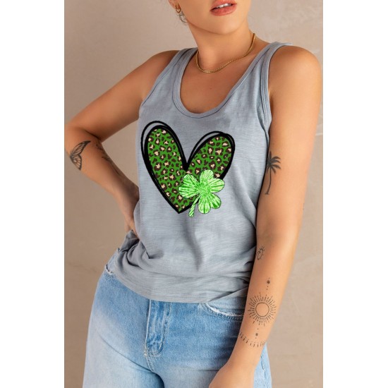 Gray Leopard Clover Heart Print Sleeveless Top Gray Leopard Clover Heart Print Sleeveless Top