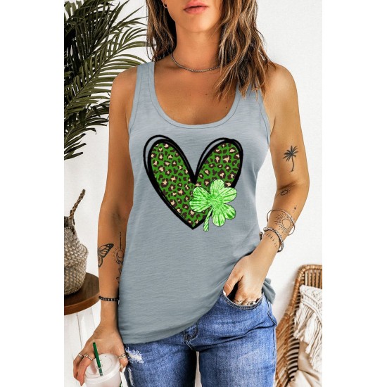 Gray Leopard Clover Heart Print Sleeveless Top Gray Leopard Clover Heart Print Sleeveless Top