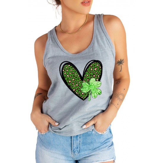 Gray Leopard Clover Heart Print Sleeveless Top Gray Leopard Clover Heart Print Sleeveless Top